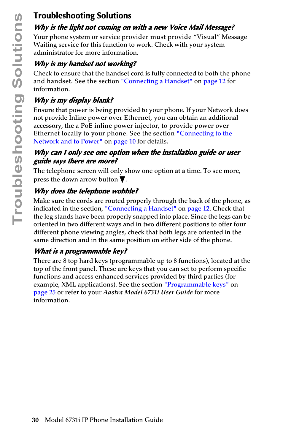 Troubleshooting solutions, Why is my handset not working, Why is my display blank | Why does the telephone wobble, What is a programmable key | Aastra Telecom 6731I User Manual | Page 36 / 44