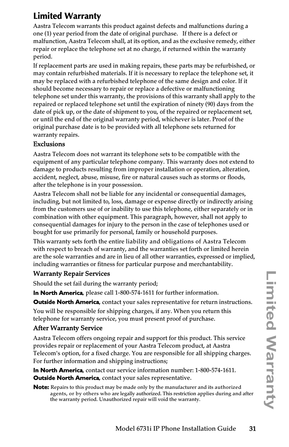 Limited warranty | Aastra Telecom 6731I User Manual | Page 37 / 44