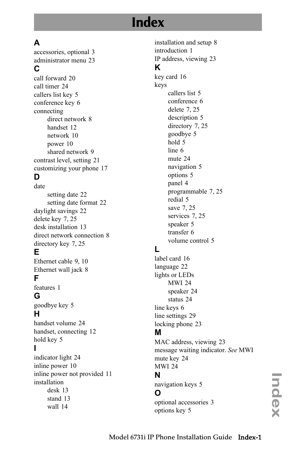 Index | Aastra Telecom 6731I User Manual | Page 39 / 44