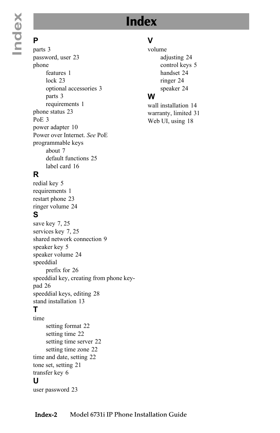 Index | Aastra Telecom 6731I User Manual | Page 40 / 44