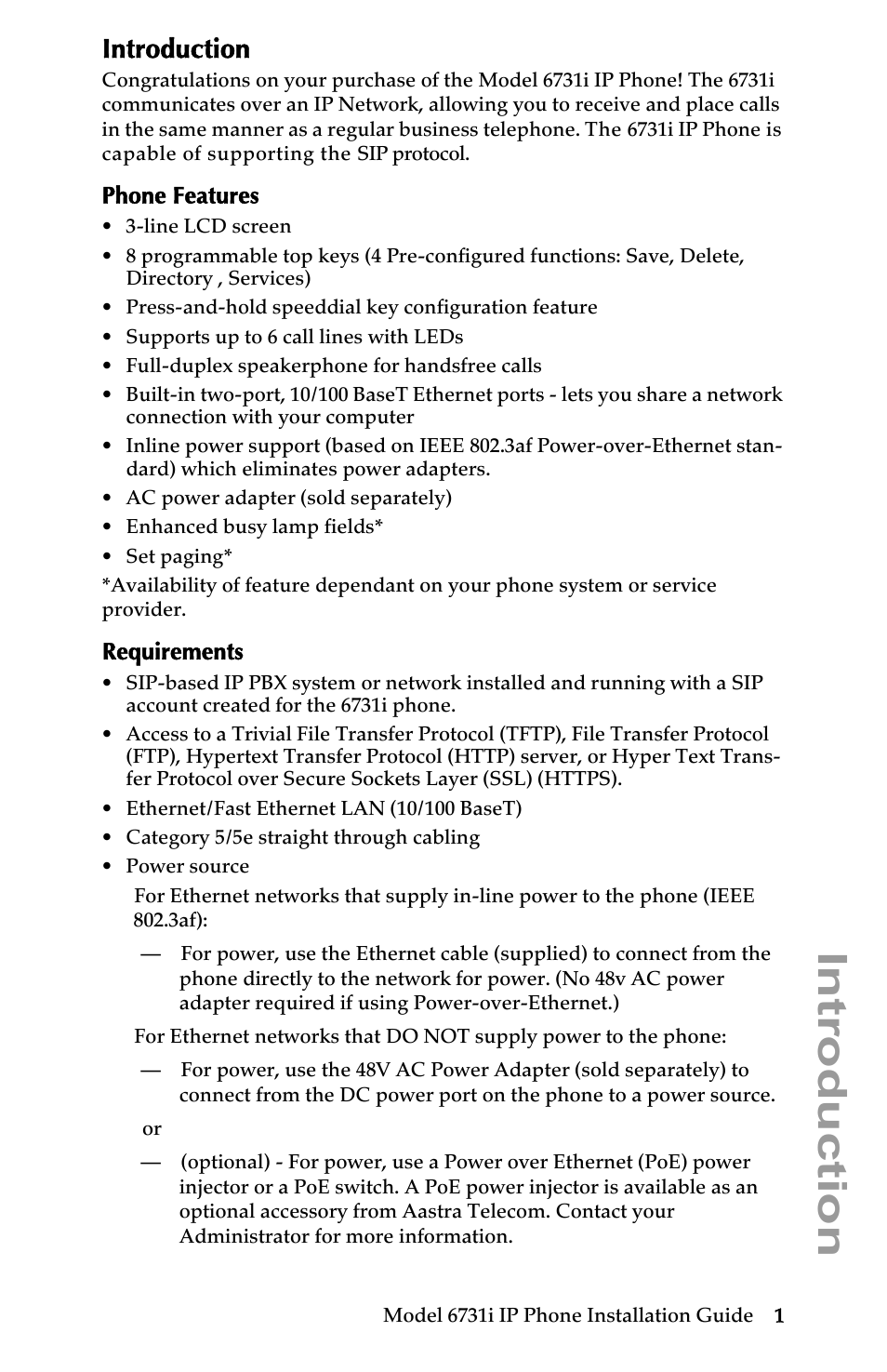 Introduction, Phone features, Requirements | Phone features requirements | Aastra Telecom 6731I User Manual | Page 7 / 44