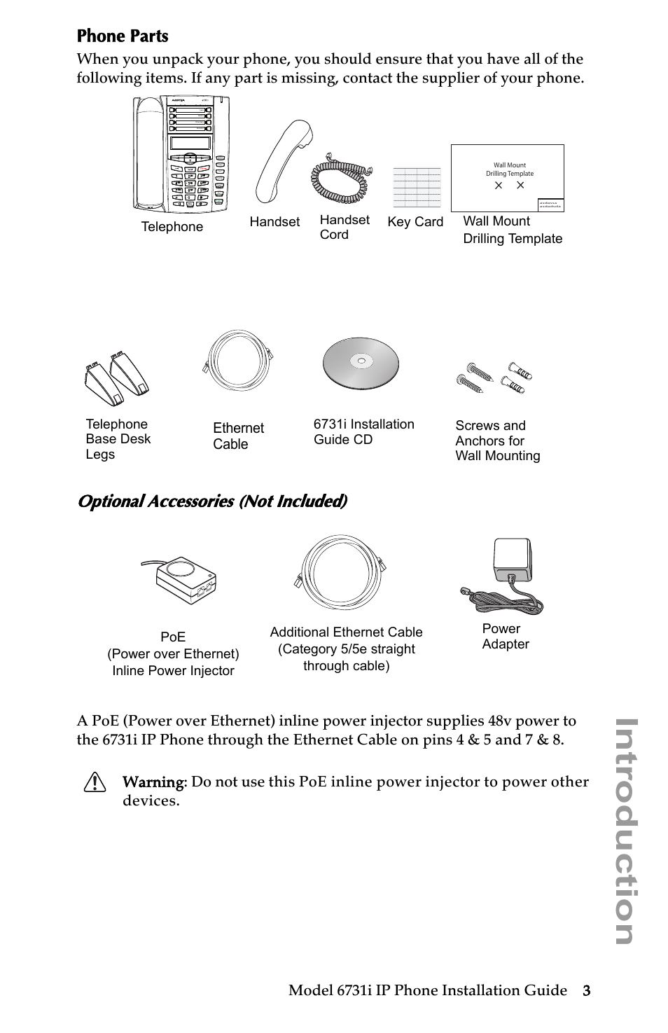 Phone parts, Optional accessories (not included), Introduction | Ethernet, Cable | Aastra Telecom 6731I User Manual | Page 9 / 44