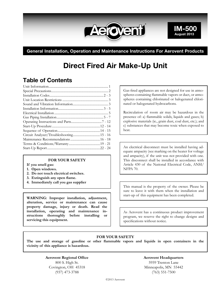 Aerovent IM-500 User Manual | 28 pages