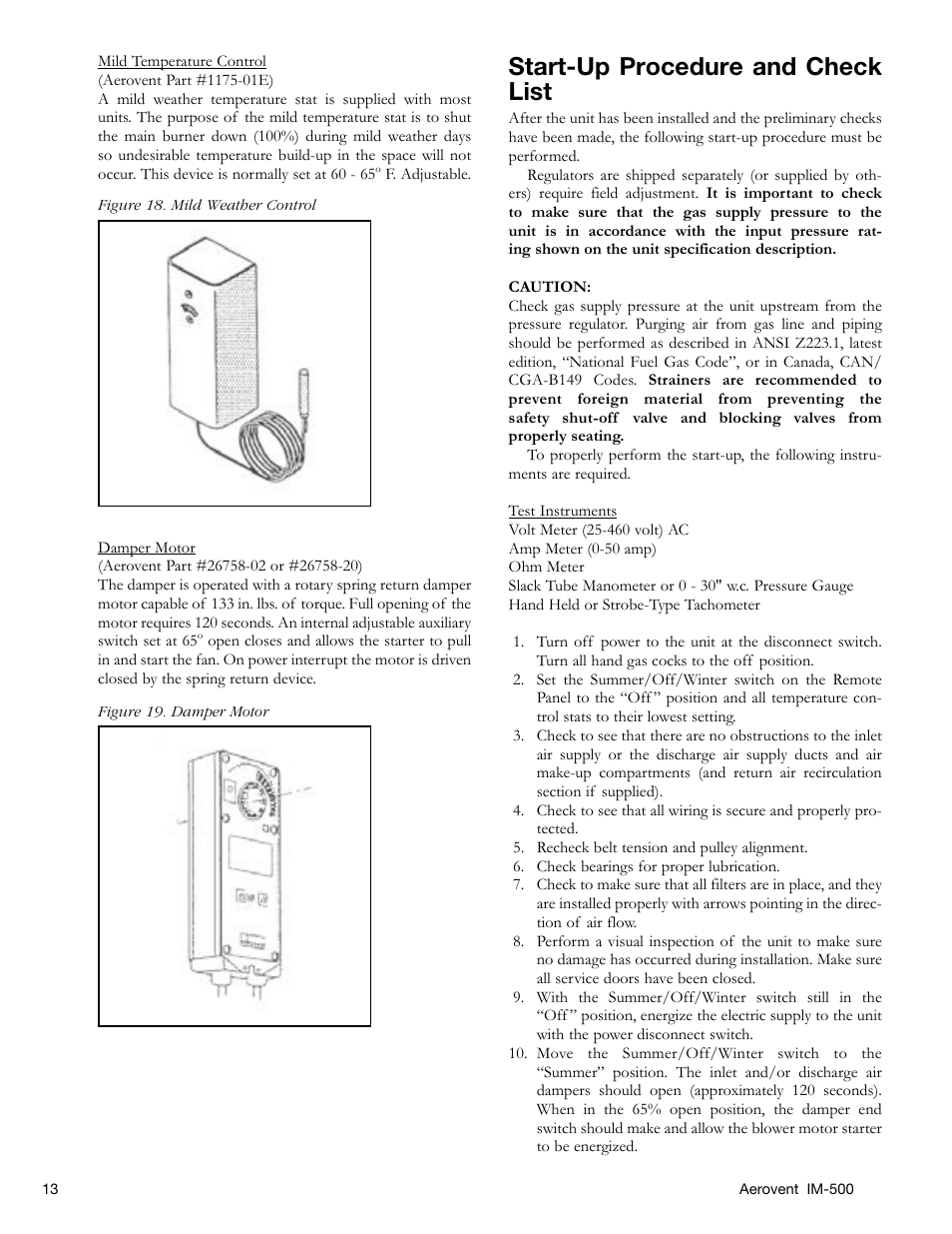 Start-up procedure and check list | Aerovent IM-500 User Manual | Page 13 / 28