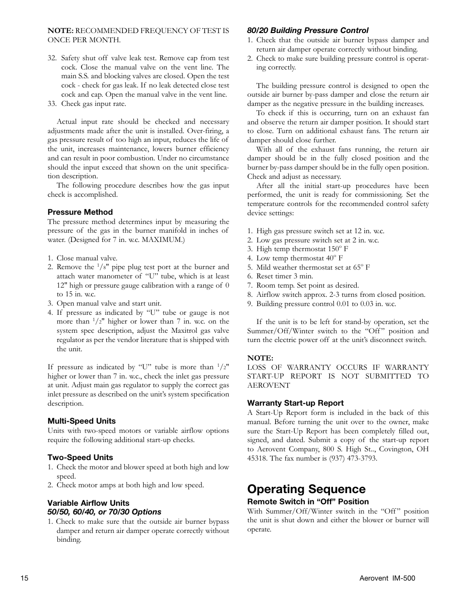 Operating sequence | Aerovent IM-500 User Manual | Page 15 / 28