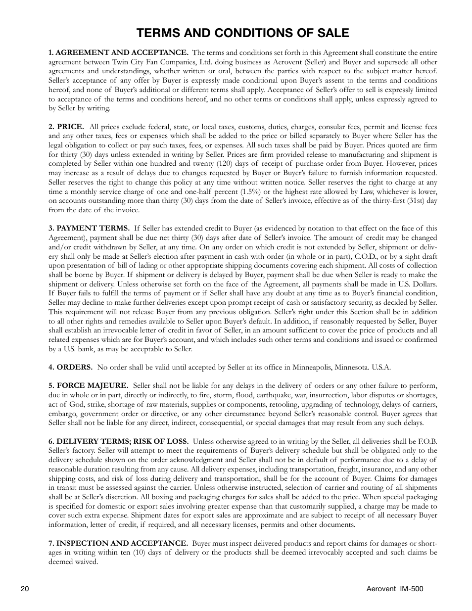 Terms and conditions of sale | Aerovent IM-500 User Manual | Page 20 / 28