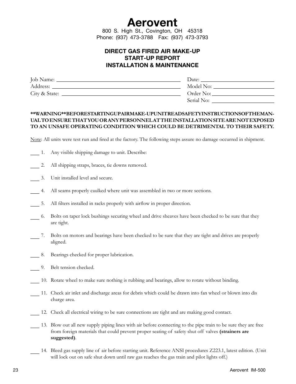 Aerovent | Aerovent IM-500 User Manual | Page 23 / 28