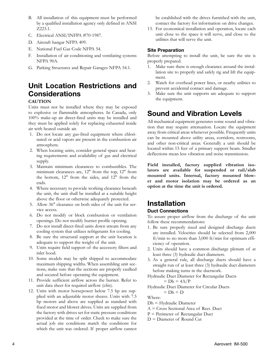 Unit location restrictions and considerations, Sound and vibration levels, Installation | Aerovent IM-500 User Manual | Page 4 / 28