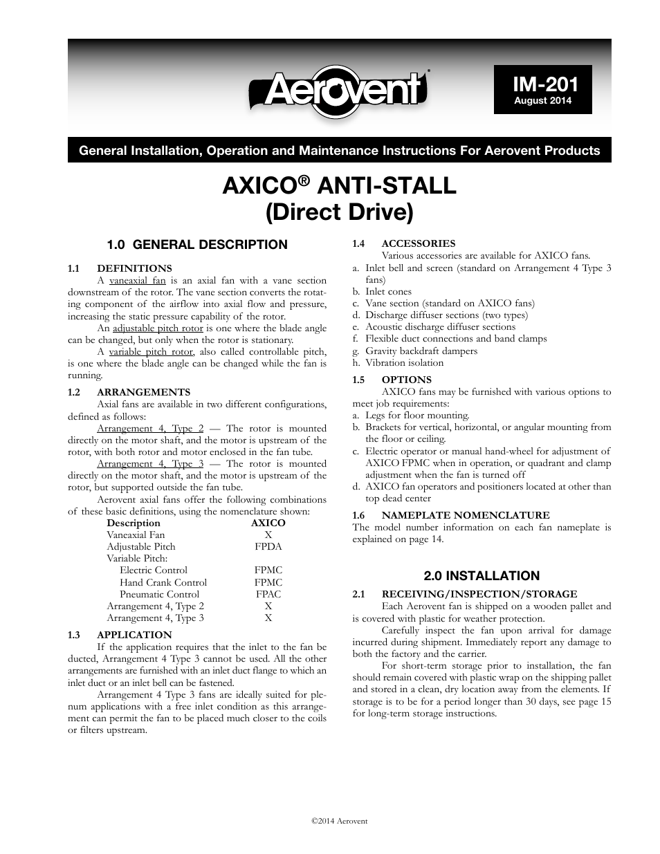 Aerovent IM-201 User Manual | 16 pages