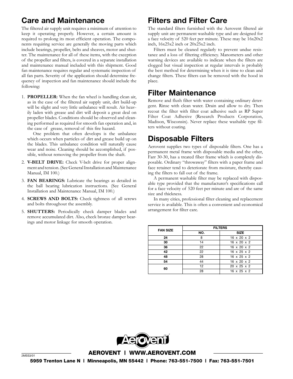 Care and maintenance, Filters and filter care, Filter maintenance | Disposable filters | Aerovent IM-135 User Manual | Page 2 / 2