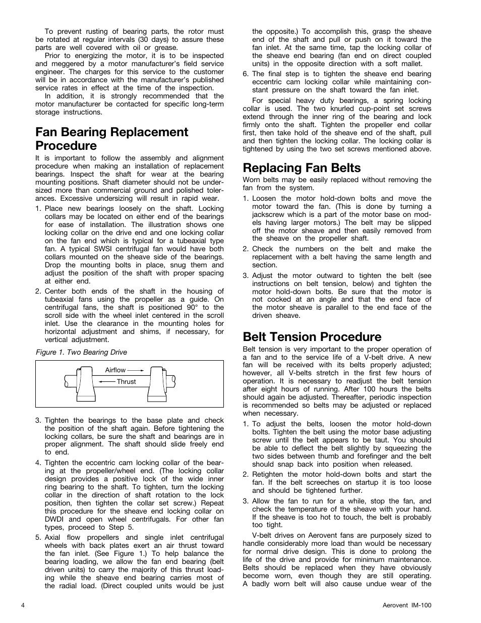 Fan bearing replacement procedure, Replacing fan belts, Belt tension procedure | Aerovent IM-100 User Manual | Page 4 / 8