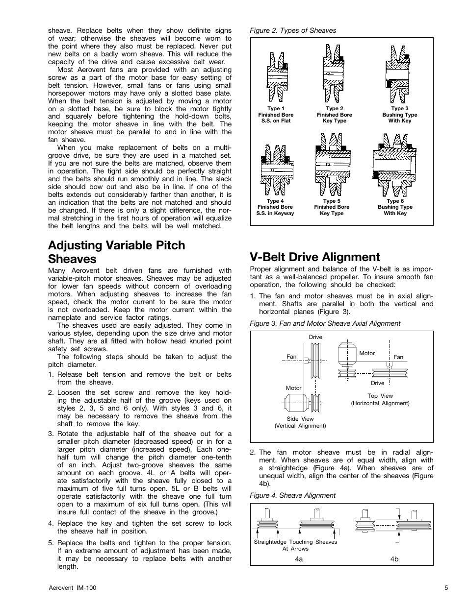 Adjusting variable pitch sheaves, V-belt drive alignment | Aerovent IM-100 User Manual | Page 5 / 8