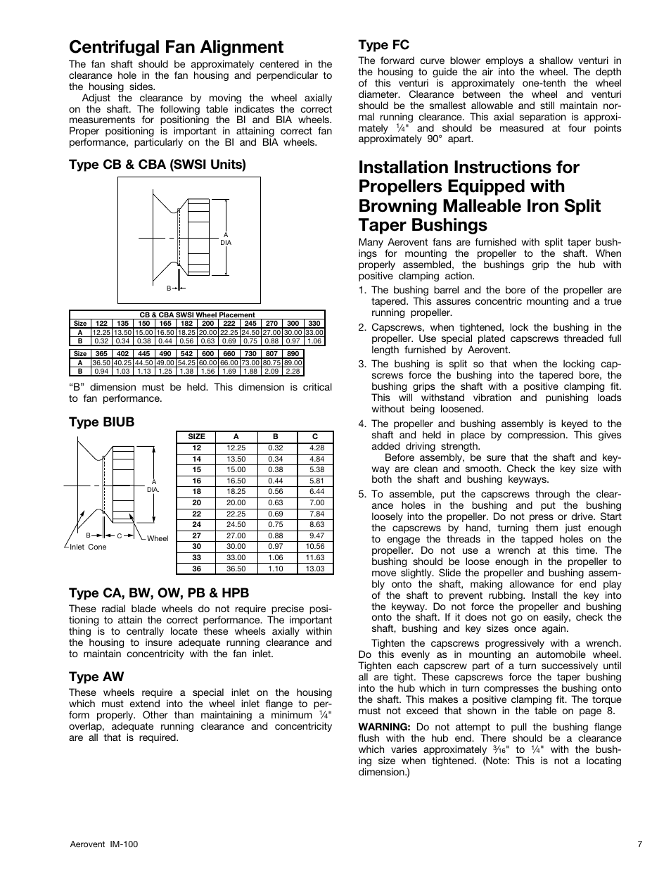 Centrifugal fan alignment, Type cb & cba (swsi units), Type biub type ca, bw, ow, pb & hpb | Type aw, Type fc | Aerovent IM-100 User Manual | Page 7 / 8