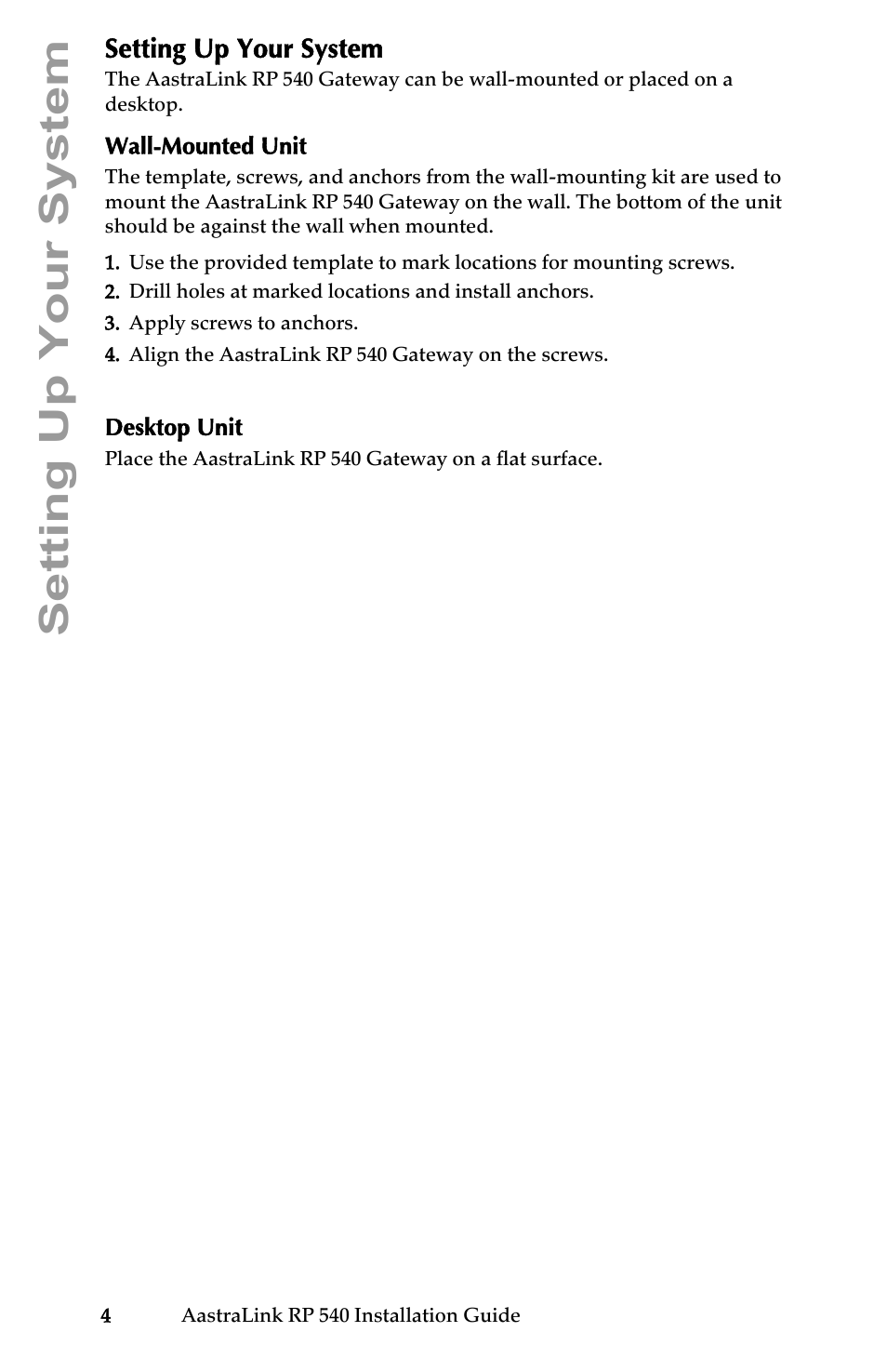 Setting up your system, Wall-mounted unit, Desktop unit | Wall-mounted unit desktop unit | Aastra Telecom AastraLink RP 540 User Manual | Page 10 / 16