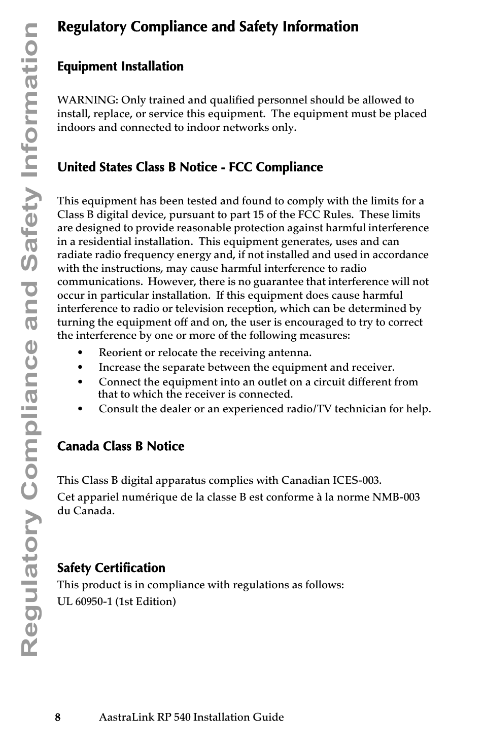 Regulatory compliance and safety information, Equipment installation, United states class b notice - fcc compliance | Canada class b notice, Safety certification | Aastra Telecom AastraLink RP 540 User Manual | Page 14 / 16
