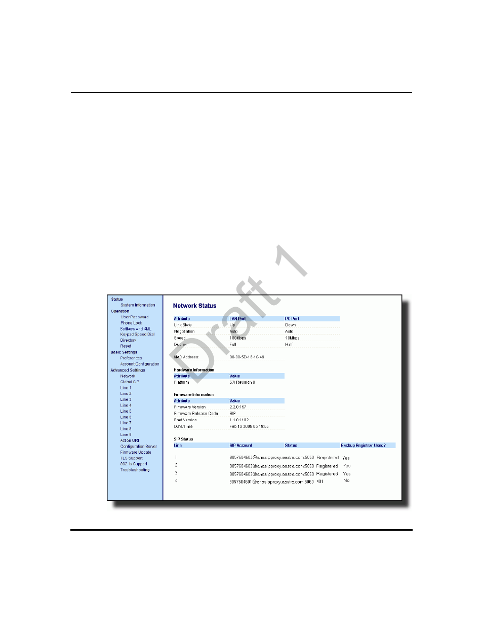 Phone status via aastra web ui, Draft 1 | Aastra Telecom 9480i Series User Manual | Page 100 / 1184