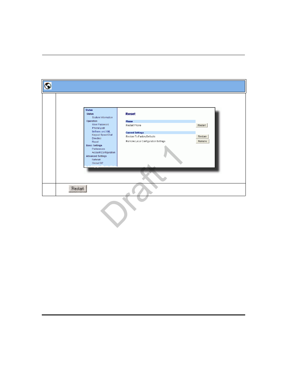 Restarting the phone using the aastra web ui, Draft 1 | Aastra Telecom 9480i Series User Manual | Page 104 / 1184