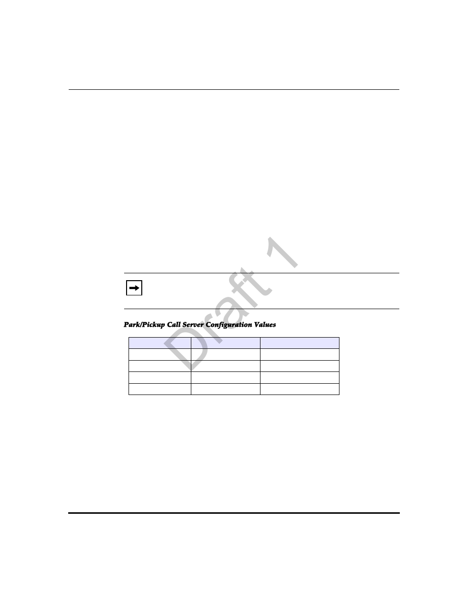 Configuring a park/pickup key using aastra web ui, Park/pickup call server configuration values, Draft 1 | Aastra Telecom 9480i Series User Manual | Page 536 / 1184