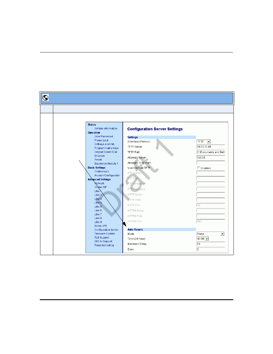 Enabling auto-resync using the aastra web ui, Draft 1 | Aastra Telecom 9480i Series User Manual | Page 739 / 1184