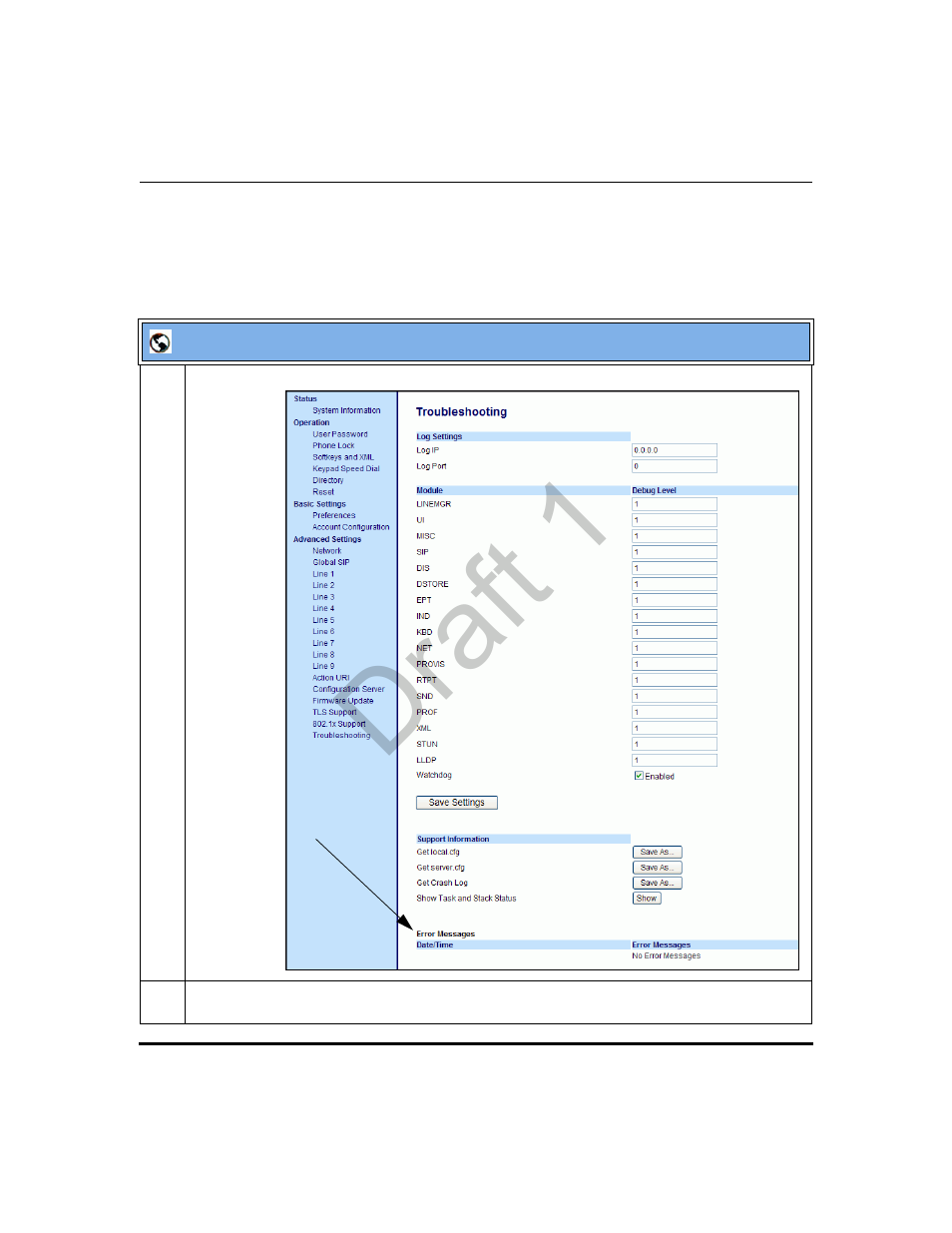 Viewing the error messages using the aastra web ui, Draft 1 | Aastra Telecom 9480i Series User Manual | Page 764 / 1184