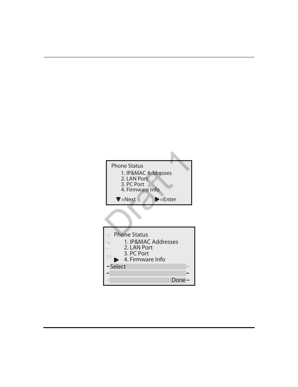 Phone status, Phone status via ip phone ui, Phone status screen for 9143i, 6751i, 6753i phones | Phone status -9, Draft 1 | Aastra Telecom 9480i Series User Manual | Page 99 / 1184