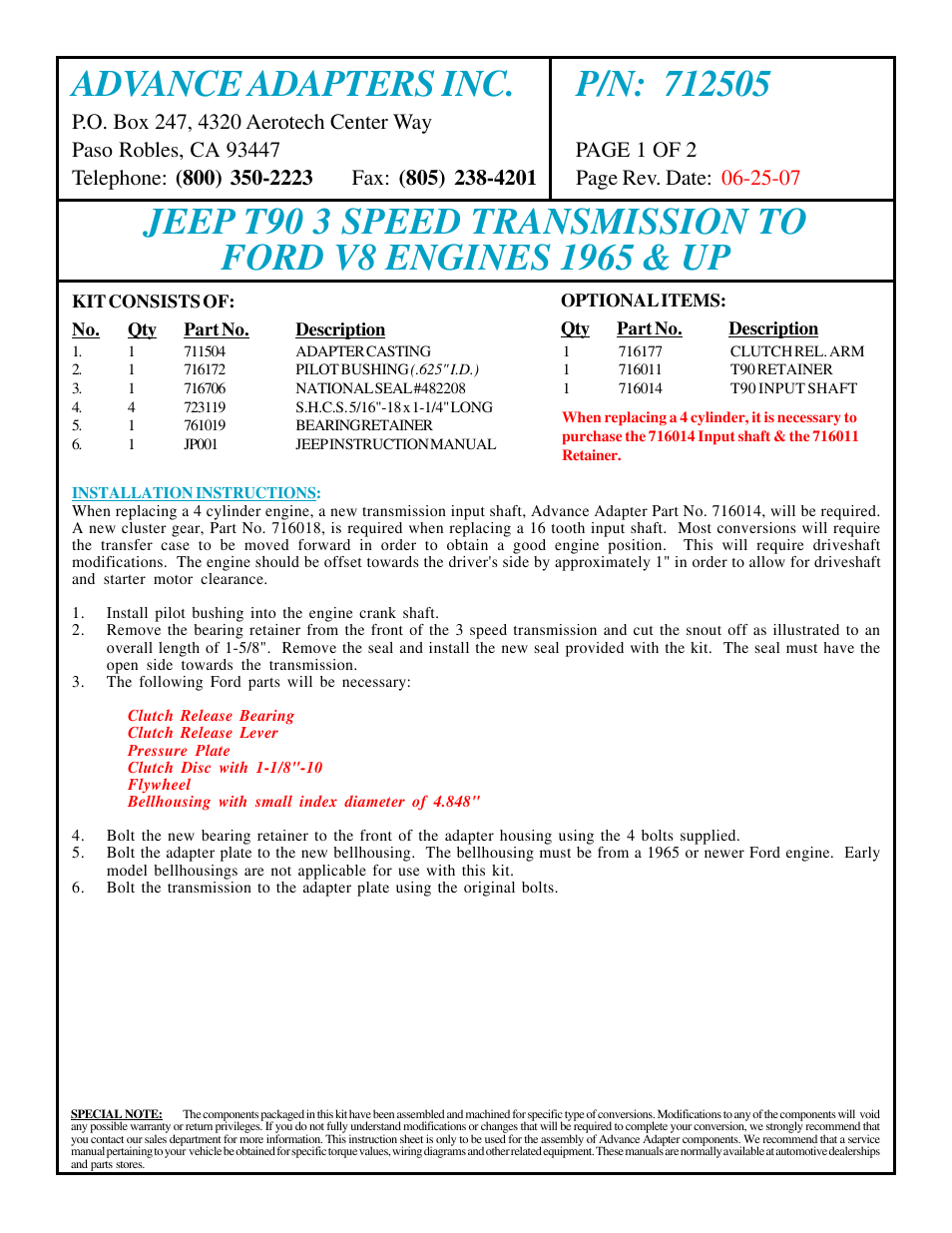 Advance Adapters 712505 User Manual | 2 pages