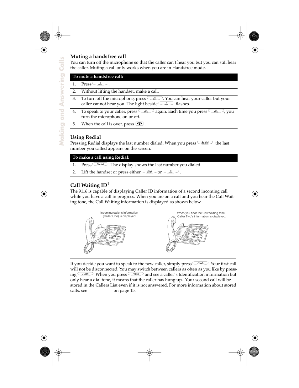 Making and answering calls, Muting a handsfree call, Using redial | Call waiting id | Aastra Telecom 9116 User Manual | Page 10 / 26