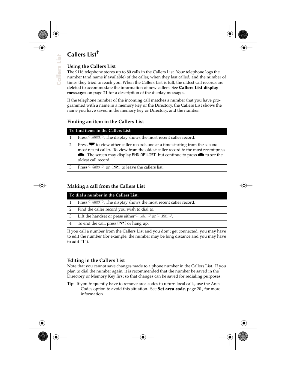 Callers list | Aastra Telecom 9116 User Manual | Page 16 / 26