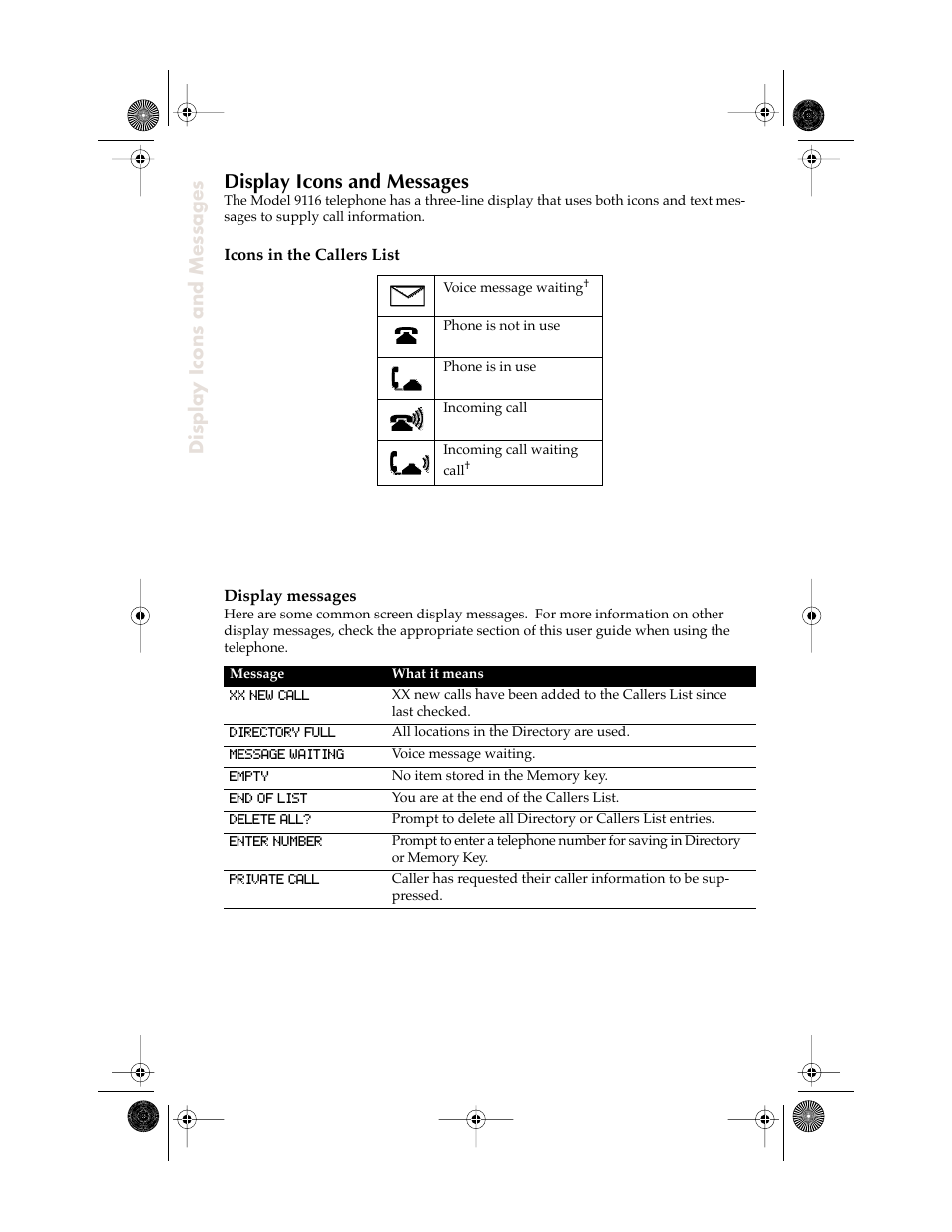 Display icons and messages | Aastra Telecom 9116 User Manual | Page 22 / 26