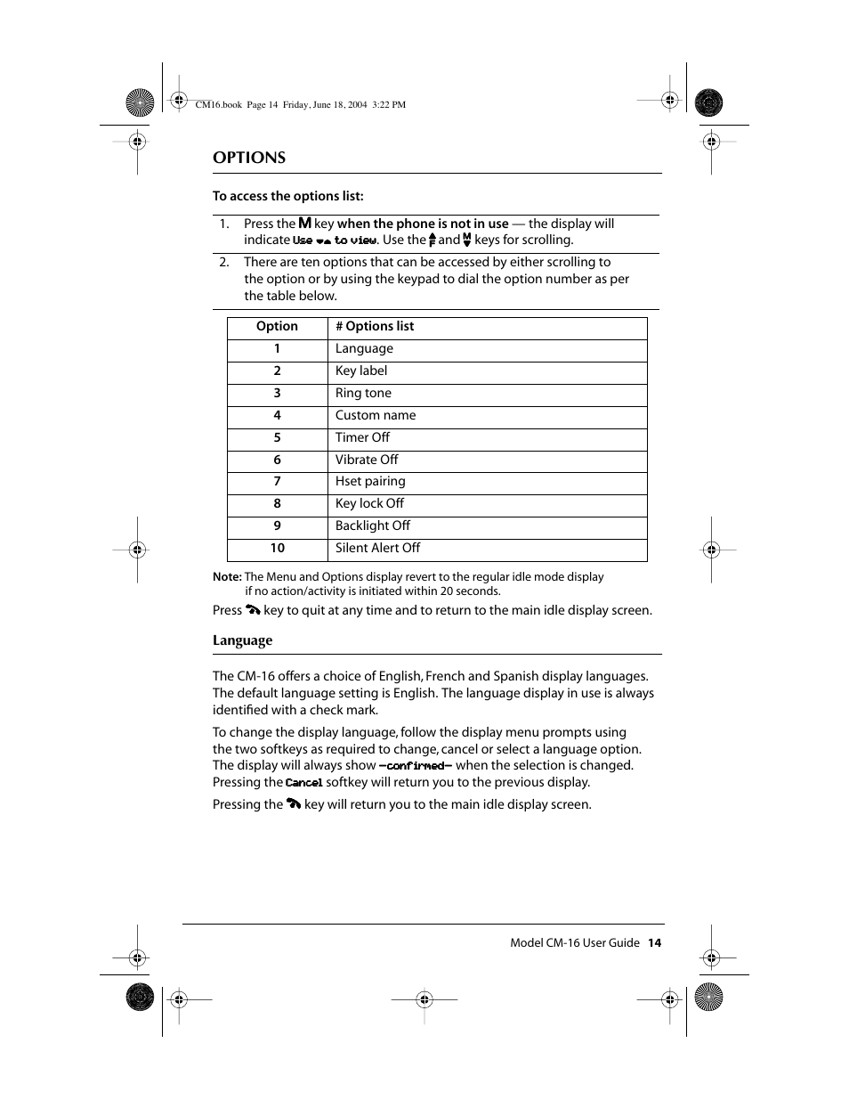 Options | Aastra Telecom CM-16 User Manual | Page 15 / 28