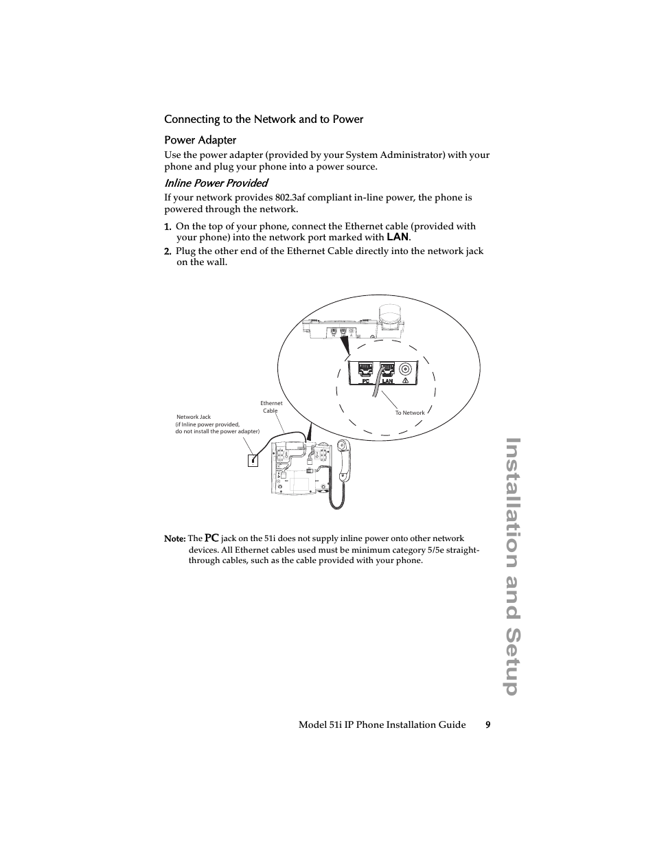 Connecting to the network and to power, Power adapter, Inline power provided | Installation and setup | Aastra Telecom 51i IP Phone User Manual | Page 15 / 36
