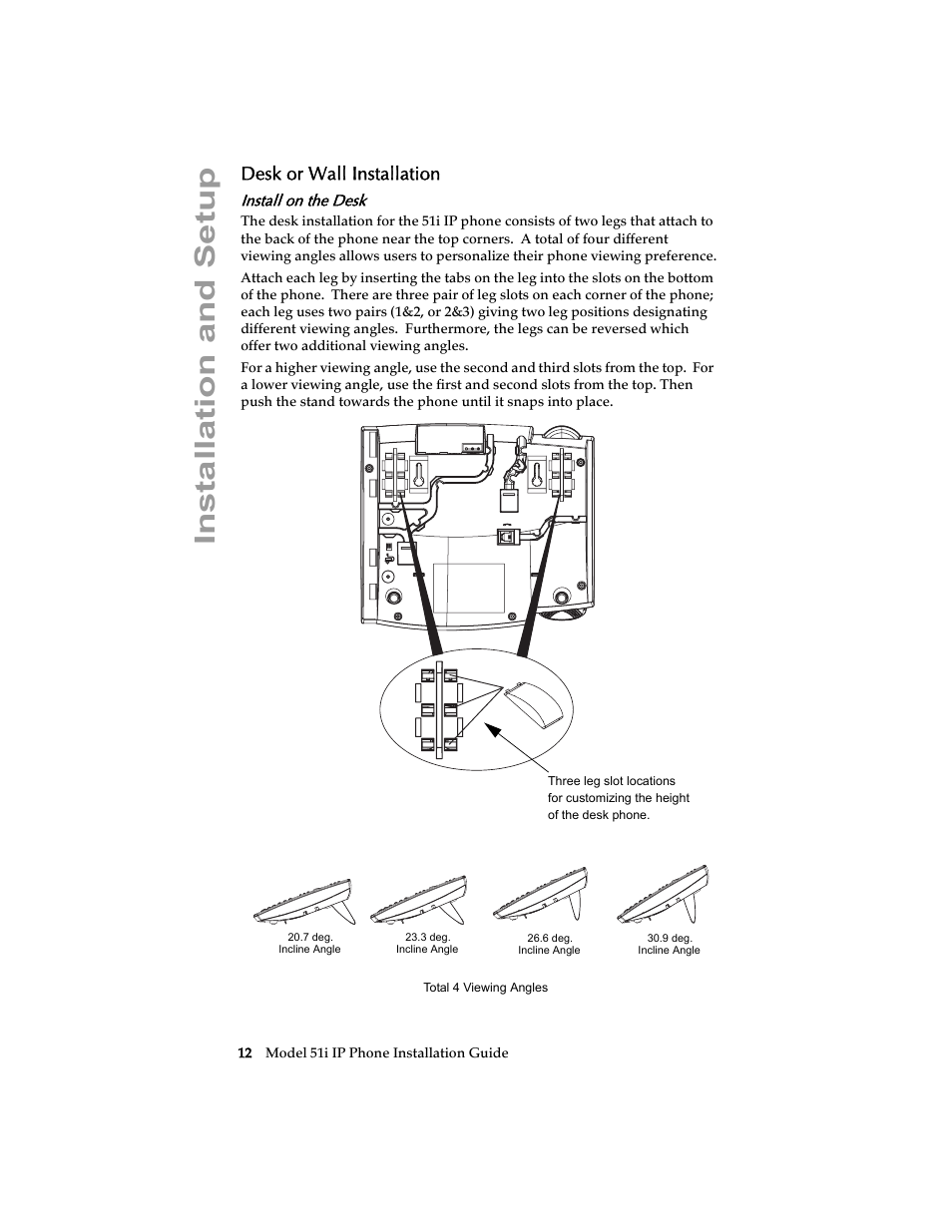 Desk or wall installation, Install on the desk, Installation and setup | Aastra Telecom 51i IP Phone User Manual | Page 18 / 36