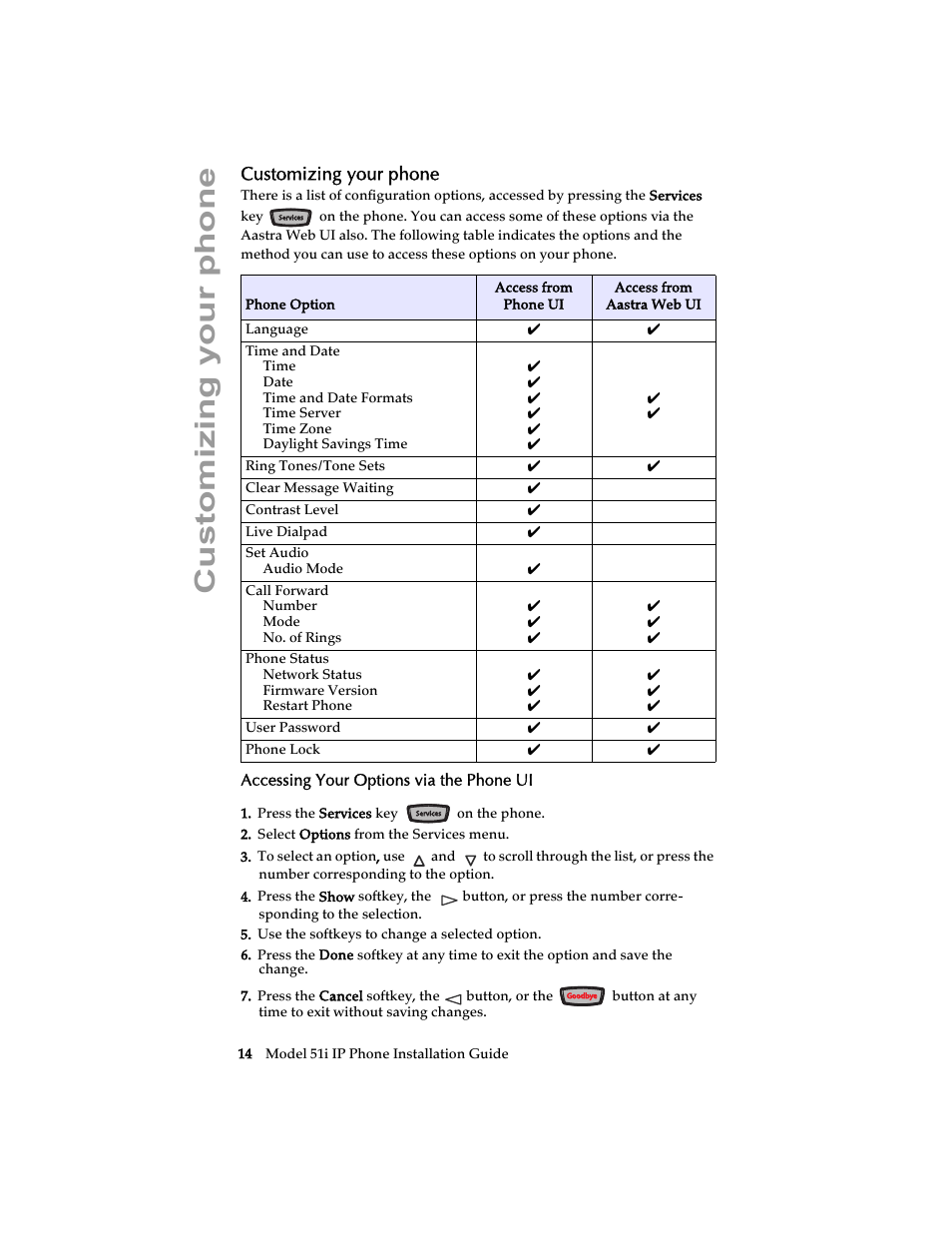 Customizing your phone, Accessing your options via the phone ui | Aastra Telecom 51i IP Phone User Manual | Page 20 / 36