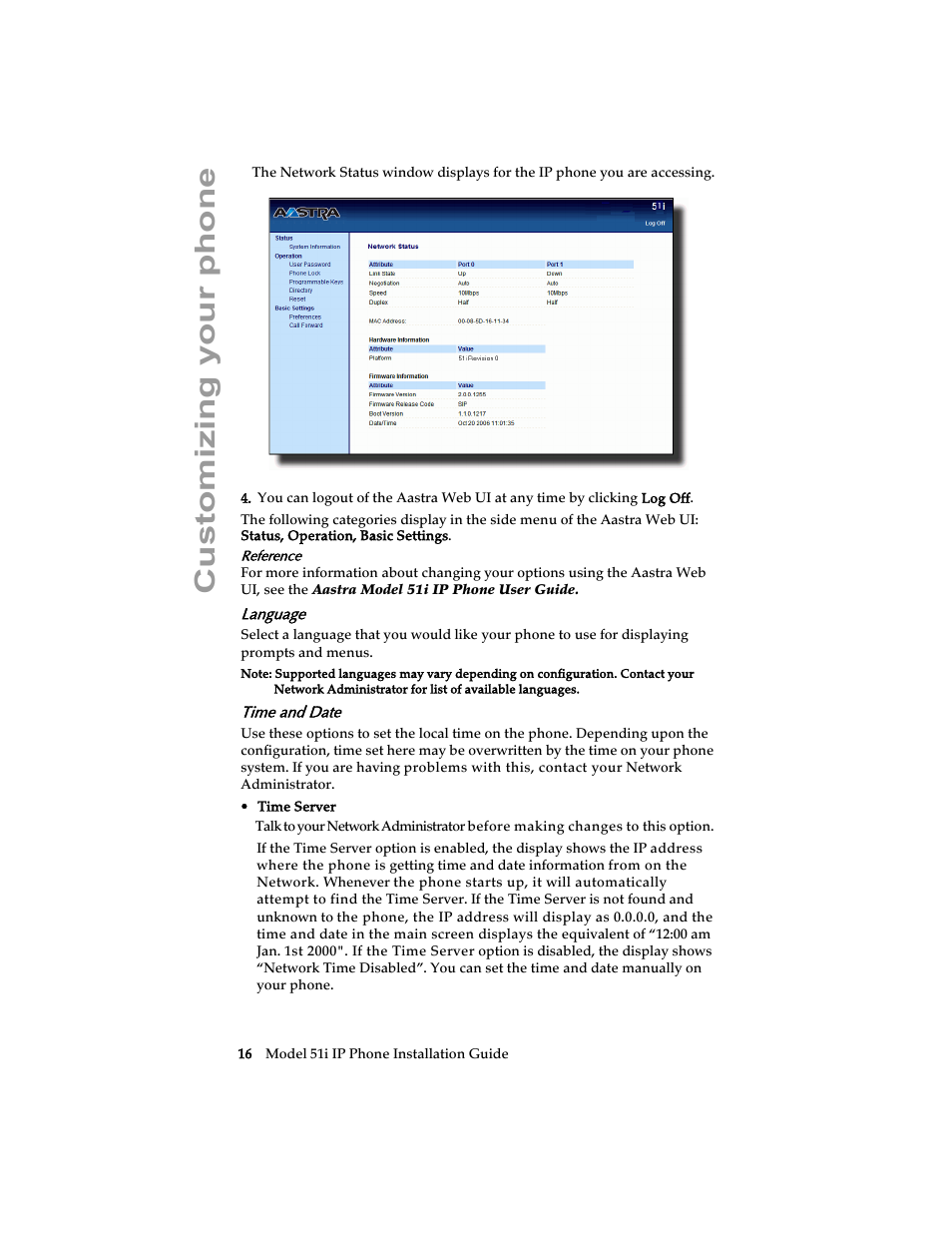 Language, Time and date, Customizing your phone | Aastra Telecom 51i IP Phone User Manual | Page 22 / 36