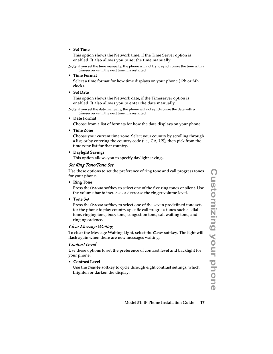 Set ring tone/tone set, Clear message waiting, Contrast level | Customizing your phone | Aastra Telecom 51i IP Phone User Manual | Page 23 / 36