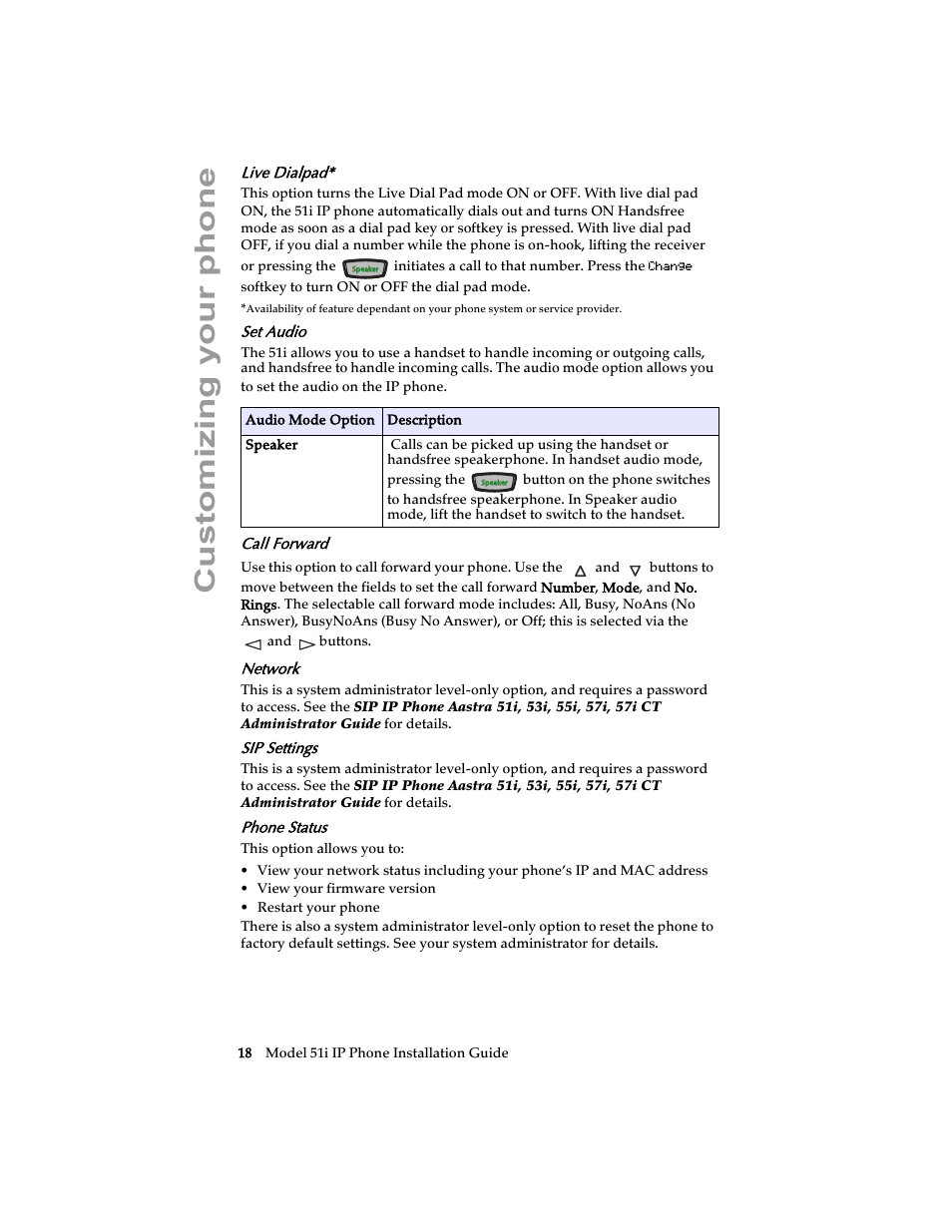 Live dialpad, Set audio, Call forward | Network, Sip settings, Phone status, Customizing your phone | Aastra Telecom 51i IP Phone User Manual | Page 24 / 36