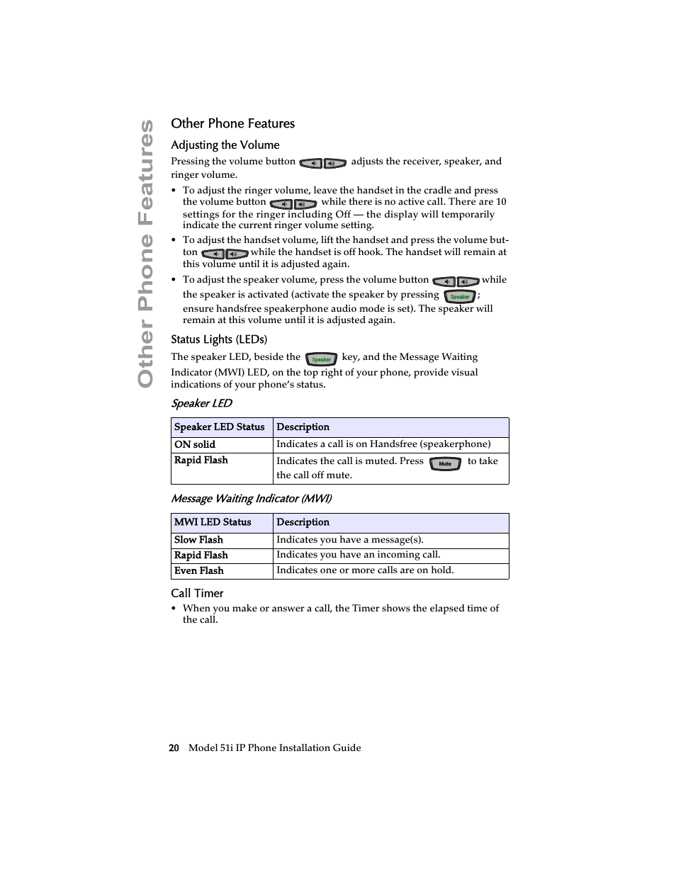 Other phone features, Adjusting the volume, Status lights (leds) | Speaker led, Message waiting indicator (mwi), Call timer | Aastra Telecom 51i IP Phone User Manual | Page 26 / 36