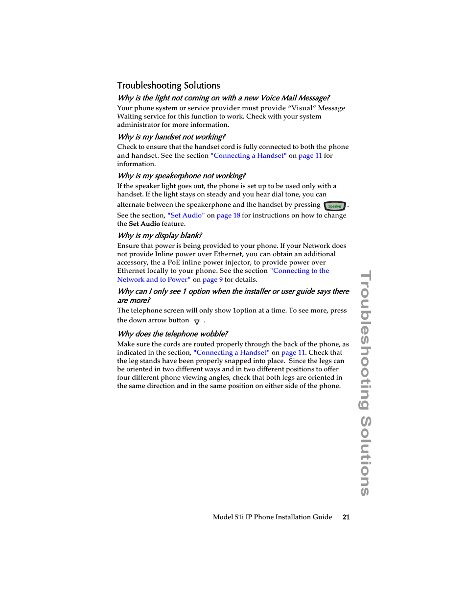 Troubleshooting solutions, Why is my handset not working, Why is my speakerphone not working | Why is my display blank, Why does the telephone wobble | Aastra Telecom 51i IP Phone User Manual | Page 27 / 36