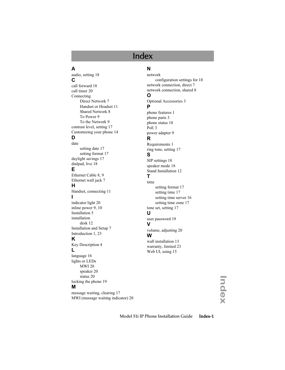 Index | Aastra Telecom 51i IP Phone User Manual | Page 31 / 36