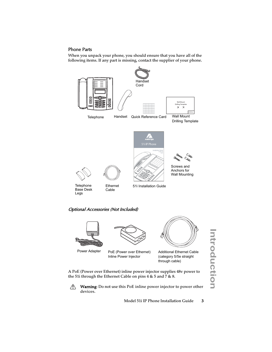 Phone parts, Optional accessories (not included), Introduction | Aastra Telecom 51i IP Phone User Manual | Page 9 / 36