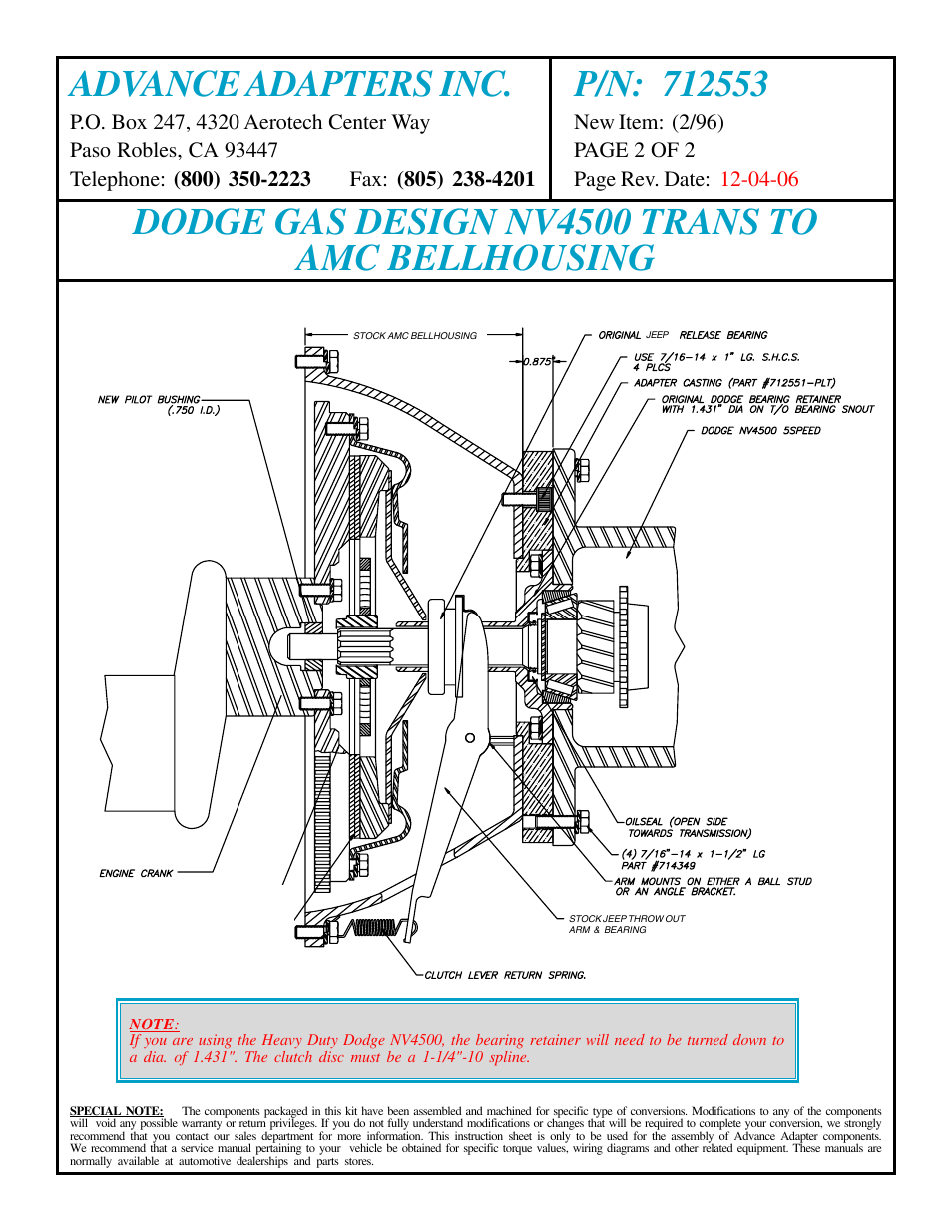 Dodge gas design nv4500 trans to amc bellhousing | Advance Adapters 712553 User Manual | Page 2 / 2