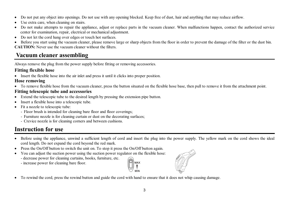 Vacuum cleaner assembling, Instruction for use | Hyundai H-VC1087 User Manual | Page 3 / 10