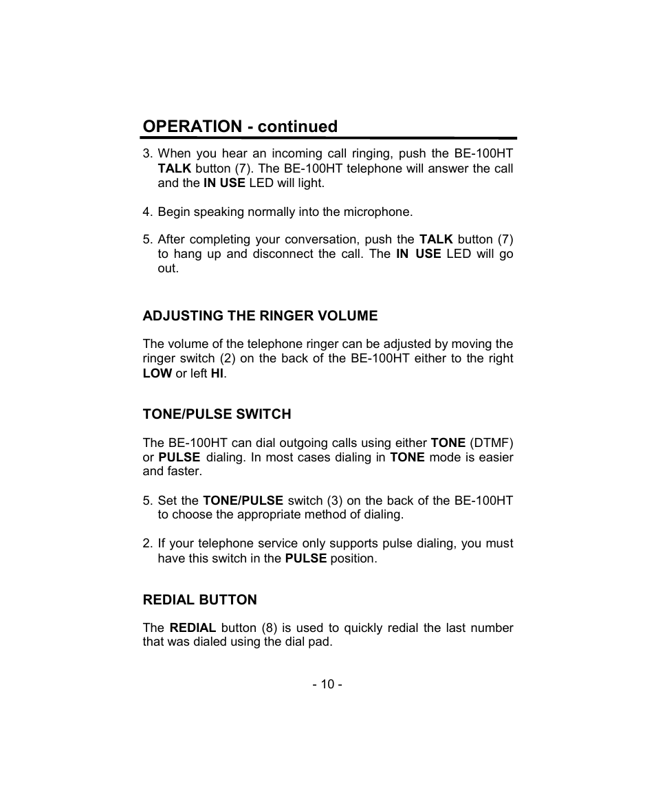 Operation - continued | Aastra Telecom BE-100HT User Manual | Page 10 / 14