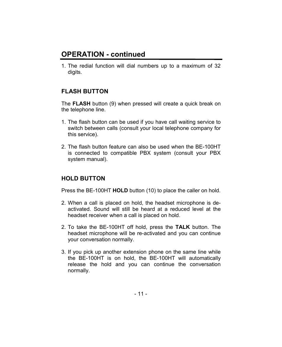 Operation - continued | Aastra Telecom BE-100HT User Manual | Page 11 / 14