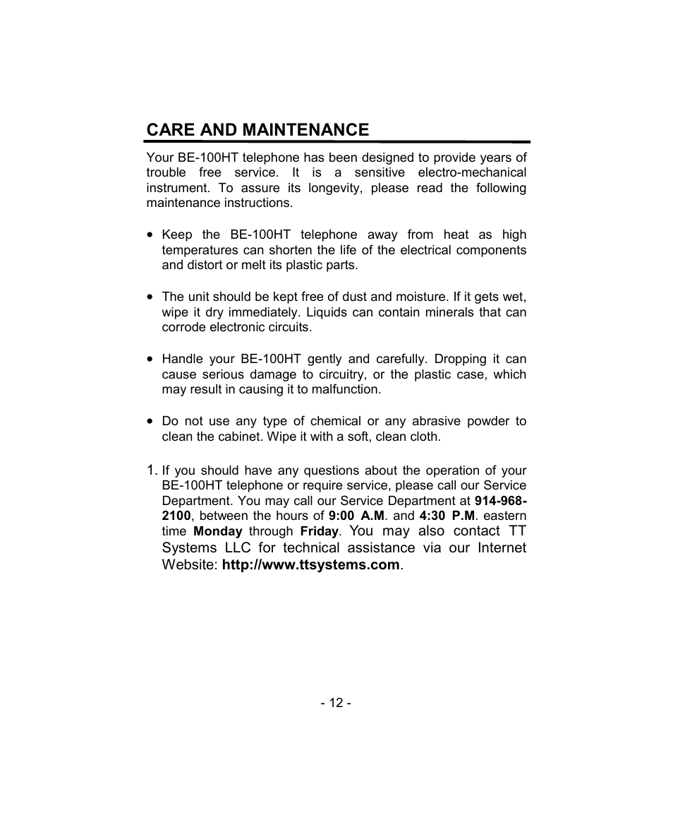 Care and maintenance | Aastra Telecom BE-100HT User Manual | Page 12 / 14