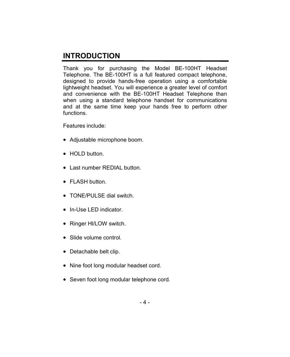 Introduction | Aastra Telecom BE-100HT User Manual | Page 4 / 14