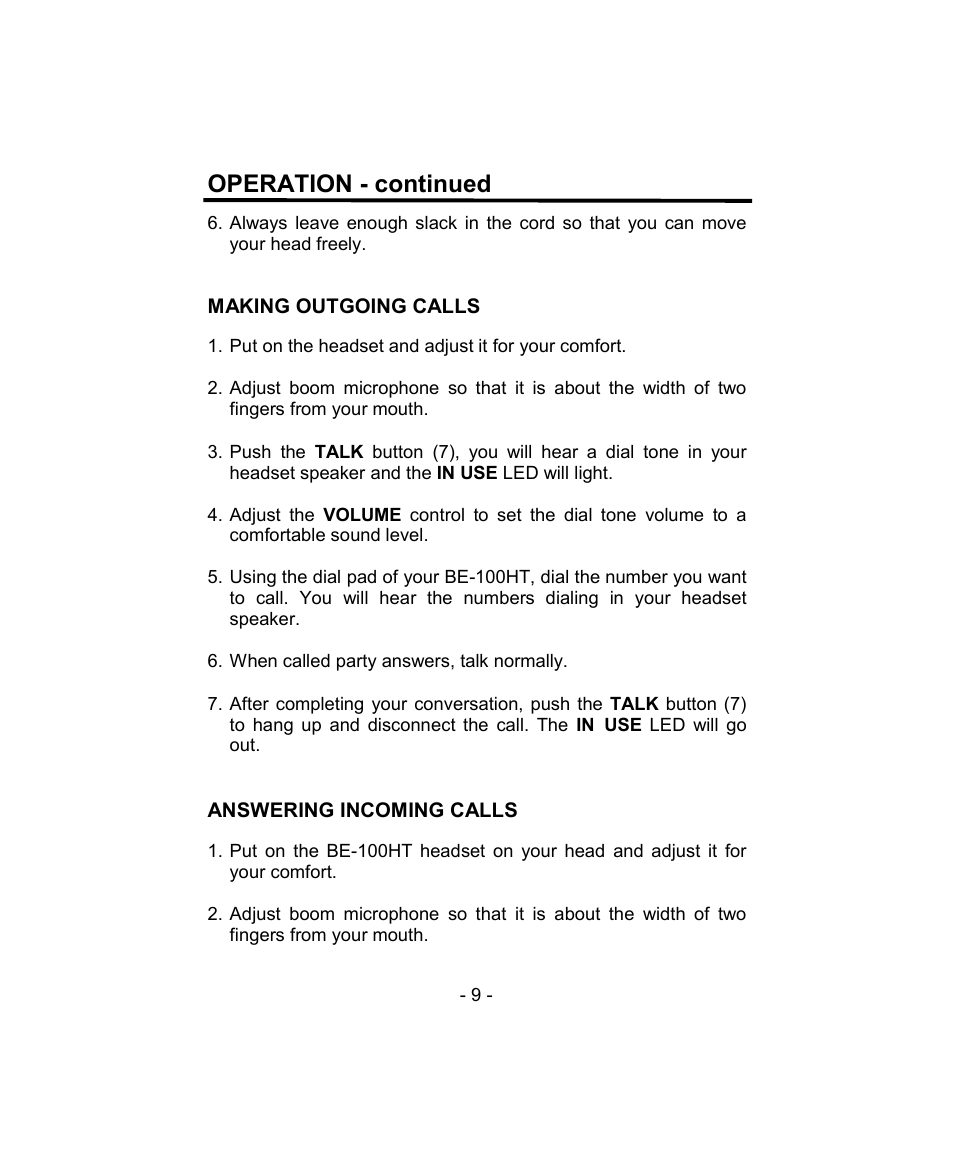 Operation - continued | Aastra Telecom BE-100HT User Manual | Page 9 / 14
