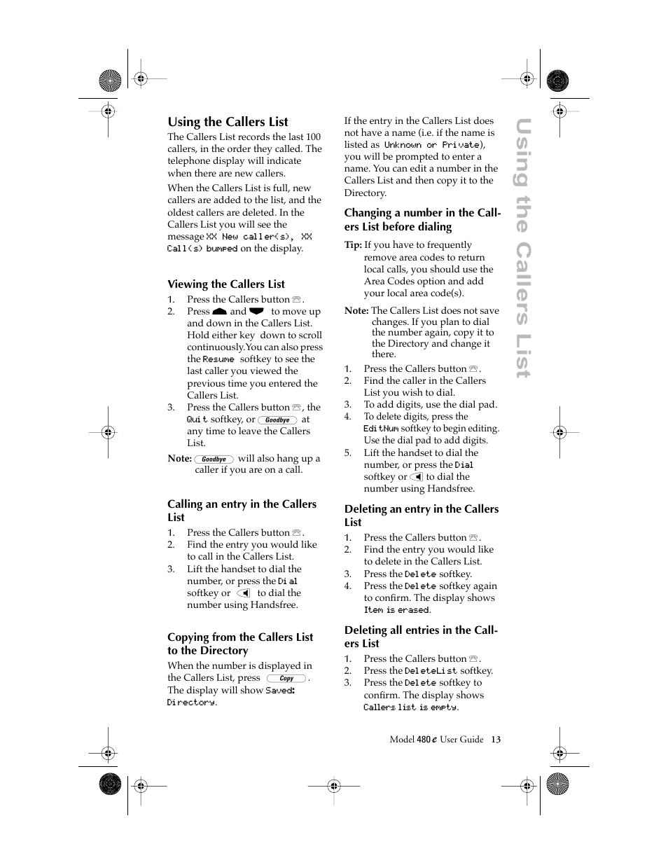 Using the callers list | Aastra Telecom 480E User Manual | Page 15 / 24