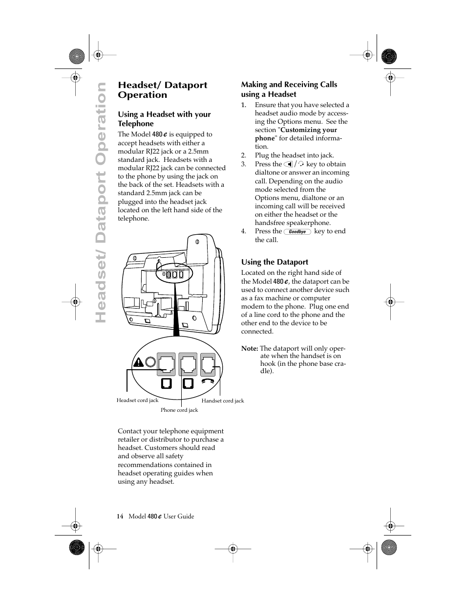 Headset/ dataport operation | Aastra Telecom 480E User Manual | Page 16 / 24