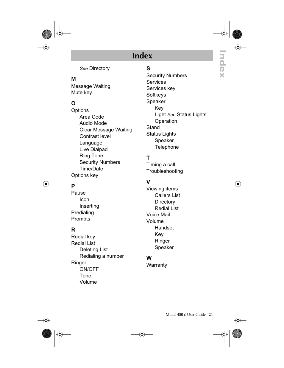 Index | Aastra Telecom 480E User Manual | Page 23 / 24